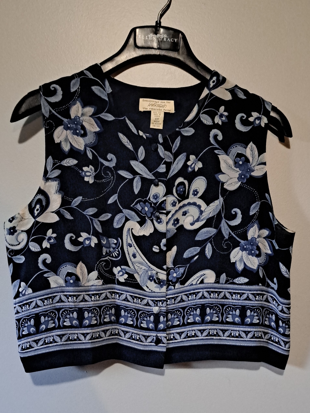 Lord & Taylor Navy and White Floral Crop Top 100% Silk
